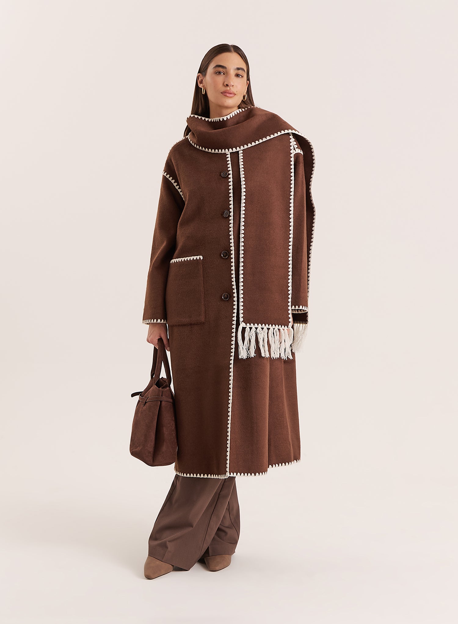 Chocolate Contrast Stitch Longline Scarf Coat